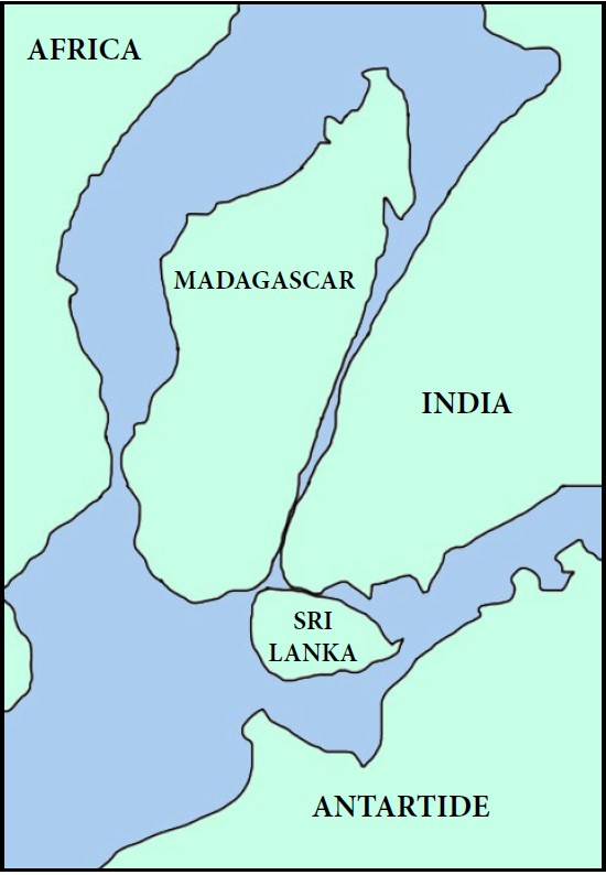 Gondwana, circa 160 milioni di anni fa. La geologia ha studiato la giustapposizione dello Sri Lanka con il Madagascar proprio confrontando la presenza di alcuni minerali, principalmente gemme e grafite.
