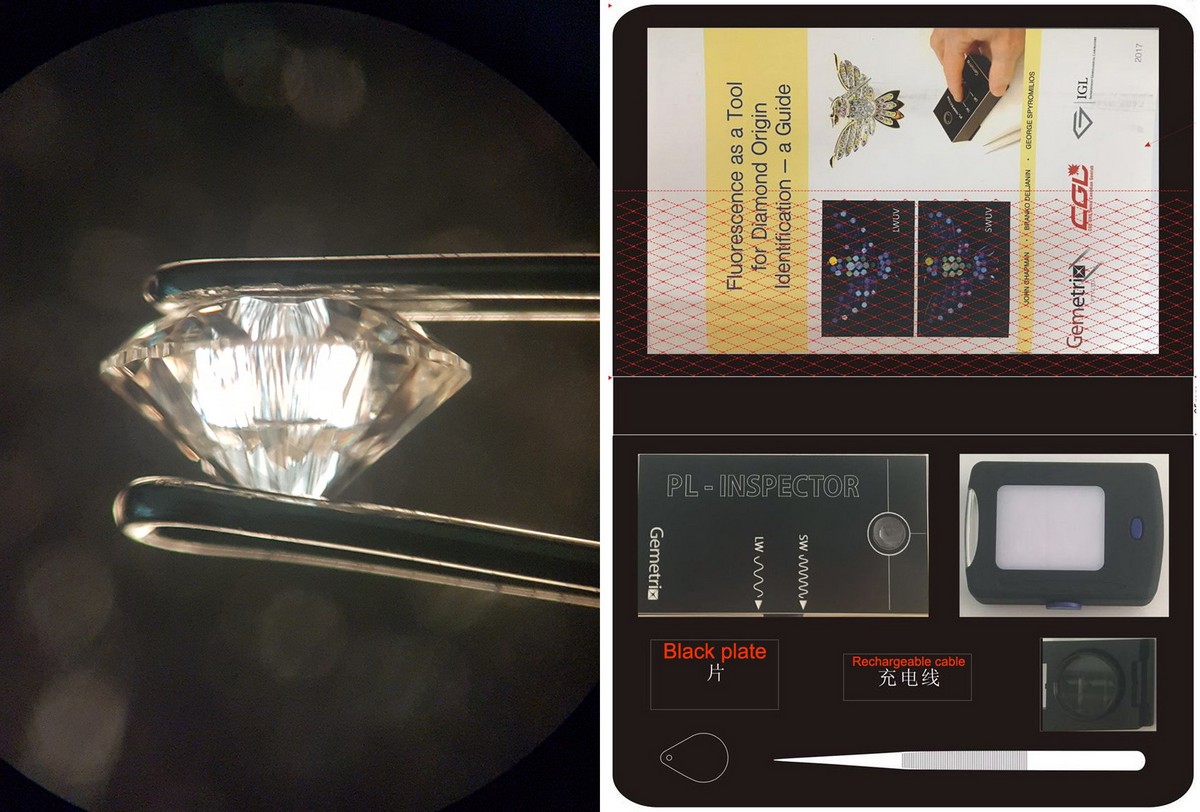 Pattern parallelo, perpendicolare alla tavola, in diamante CVD sintetico sotto il polariscopio portatile e sotto la luce del "Synthetic Diamond Kit", che verrà fornito per il workshop