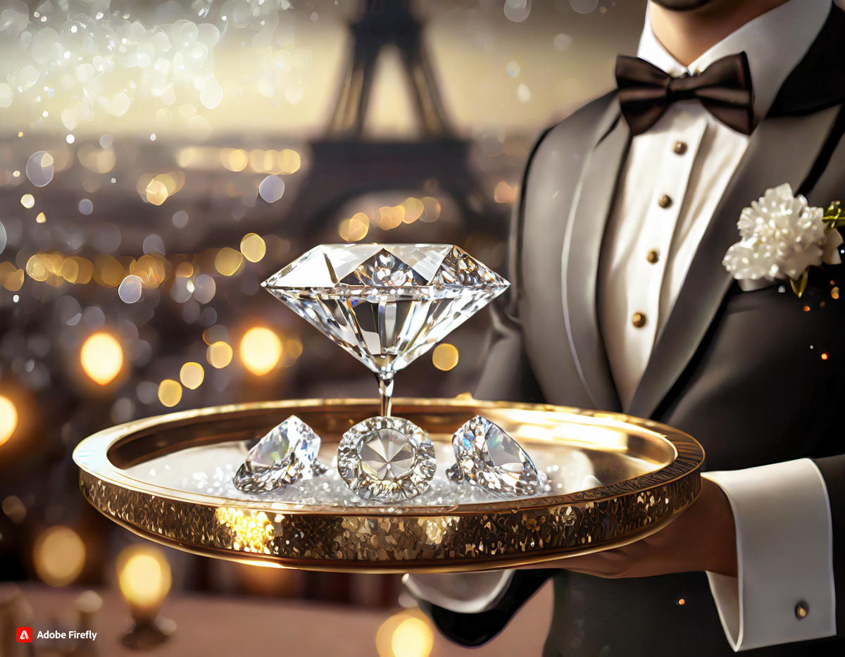 Foto generata dall'Intelligenza Artificiale Adobe Firefly: maître di un ristorante francese serve su vassoio dei diamanti brillanti realistica
