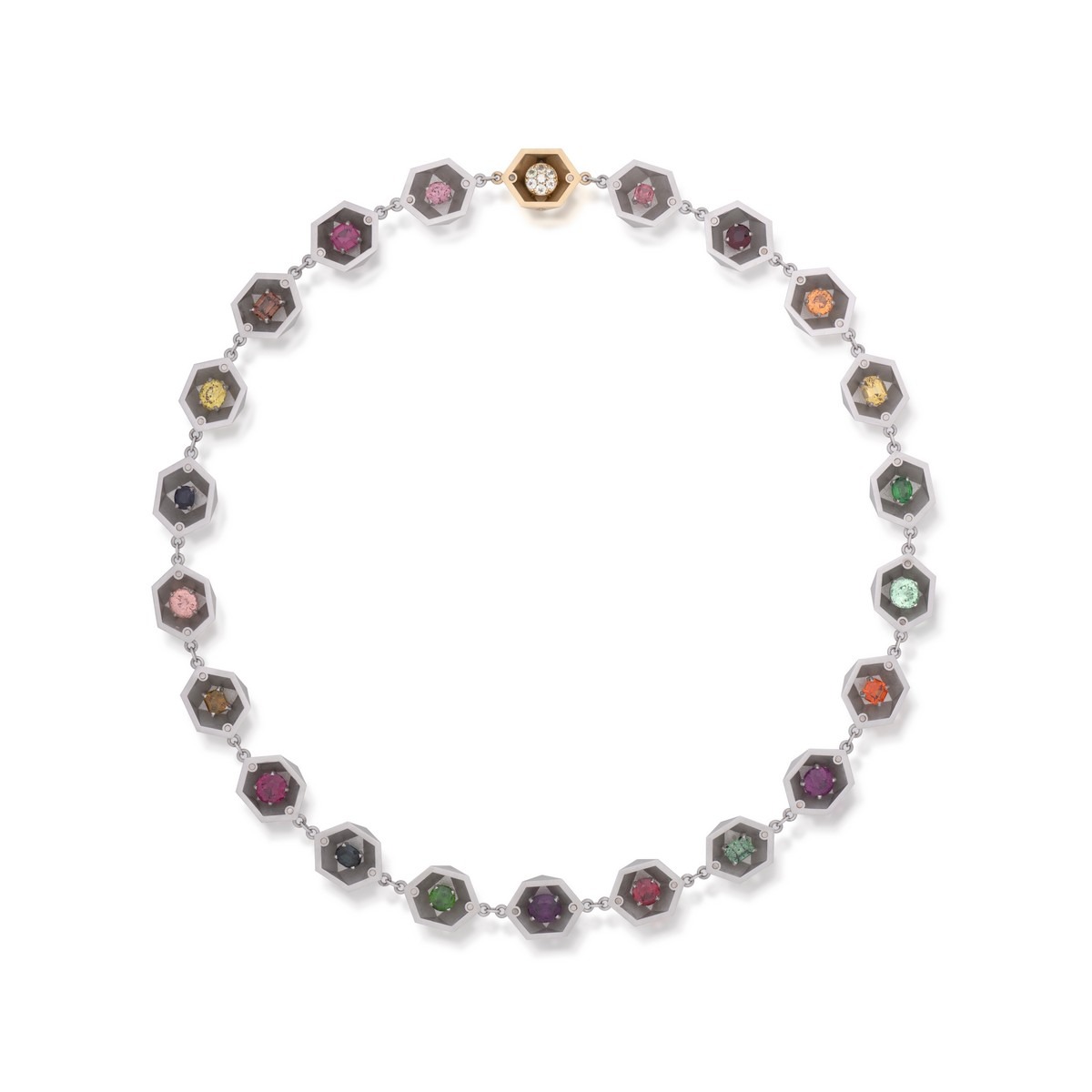 Collana “GARANATAS: From Rough to Cut” in platino 18 carati e granati (circa 77,26 carati totali), vincitrice del premio Best Use of Platinum and Color agli AGTA Spectrum Awards 2023, realizzata dalla designer Mary van der Aa di Mary van der Aa Fine Jewels
