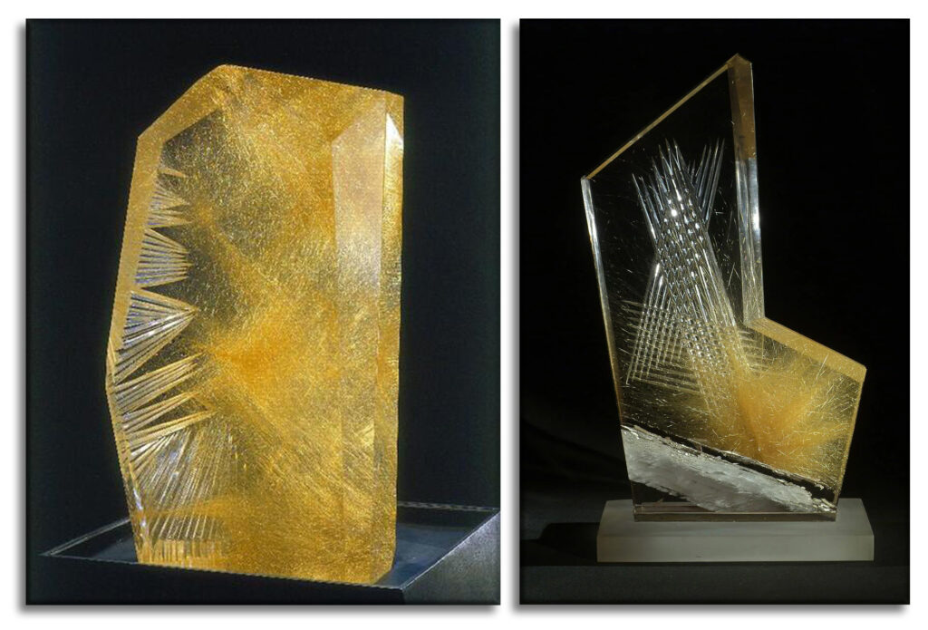 Sculture di Bernd Munsteiner: Metamorphos I (a sinistra), Metamorpohos III (a destra)