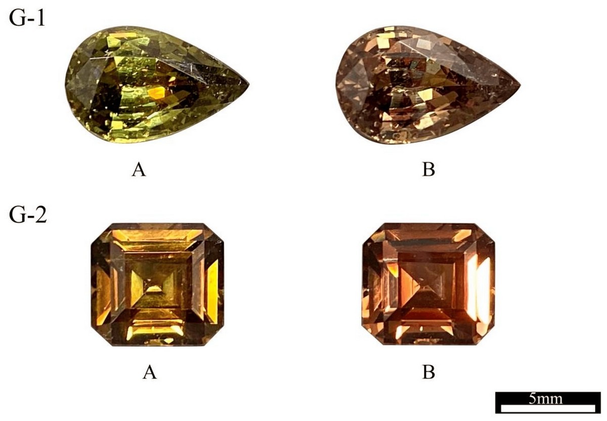 Fotografie dei campioni di granati cangianti. L'immagine (A) è stata scattata sotto la luce standard D65; l'immagine (B) è stata scattata sotto la luce standard A