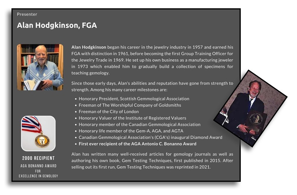 Alan Hodgkinson nel programma della Conferenza AGA, 2023, Tucson. Inserto: Alan riceve il Bonanno Award nel 2000.