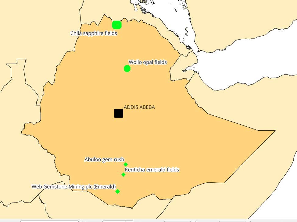 Figura 2 - Mappa che mostra la posizione dei principali giacimenti di gemme conosciuti in Etiopia: l’Etiopia è già famosa per le miniere di opale scoperte negli anni ’90; poi sono seguite le scoperte di smeraldi (vicino al villaggio di Web e successivamente a Kenticha, vicino a Shakiso) e anche di zaffiri nell’area settentrionale del Tigray, vicino a Chila. La scoperta di tormaline Paraíba vicino ad Abuloo dimostra che l’Etiopia non ha ancora finito di sorprendere il settore delle gemme