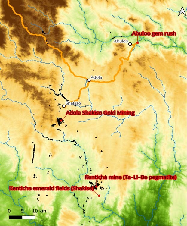 Figura 4 - Mappa della regione intorno a Shakiso che mostra l’itinerario della nostra spedizione (in arancione) durante il viaggio da Addis. Come si può vedere, il sito della scoperta si trova a circa due chilometri a est del villaggio di Abuloo, che a sua volta si trova a circa cinquanta chilometri a nord-est di Shakiso, località famosa per le miniere di smeraldi a Kenticha, situate a circa cinquanta chilometri a sud-est di Shakiso. Nota: tutti i punti neri sono siti di estrazione (probabilmente miniere d’oro)