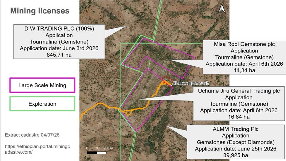 Controllando il catasto etiope (https://ethiopian.portal.miningcadastre.com/), è stato interessante scoprire che diverse aziende avevano recentemente (a partire da aprile 2026) fatto domanda per le licenze di estrazione di tormalina, circa un mese prima che io sentissi per la prima volta della scoperta